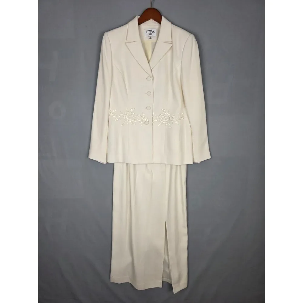Vintage Kasper A.S.L. White Maxi Skirt Suit Size 8 Embrodiary Sequins Wedding
